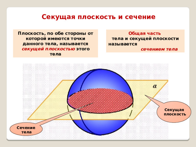 Секущая плоскость  и сечение Плоскость, по обе стороны от которой имеются точки данного тела, называется секущей плоскостью этого тела Общая часть тела и секущей плоскости называется сечением тела Секущая плоскость Сечение тела 