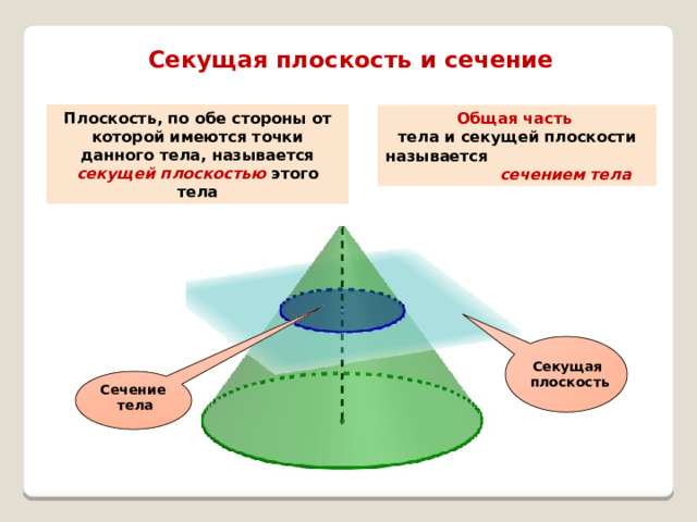 Секущая плоскость  и сечение Плоскость, по обе стороны от которой имеются точки данного тела, называется секущей плоскостью этого тела Общая часть тела и секущей плоскости называется сечением тела Секущая плоскость Сечение тела 