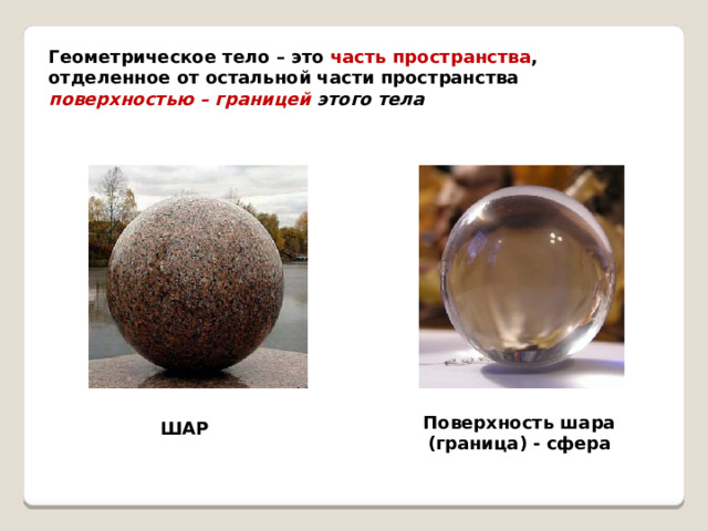 Геометрическое тело – это часть пространства , отделенное от остальной части пространства поверхностью  – границей этого тела Поверхность шара (граница) - сфера ШАР 