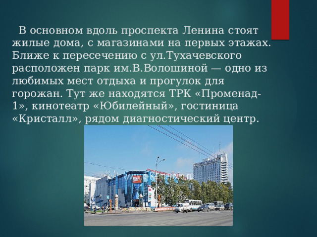  В основном вдоль проспекта Ленина стоят жилые дома, с магазинами на первых этажах. Ближе к пересечению с ул.Тухачевского расположен парк им.В.Волошиной — одно из любимых мест отдыха и прогулок для горожан. Тут же находятся ТРК «Променад-1», кинотеатр «Юбилейный», гостиница «Кристалл», рядом диагностический центр. 