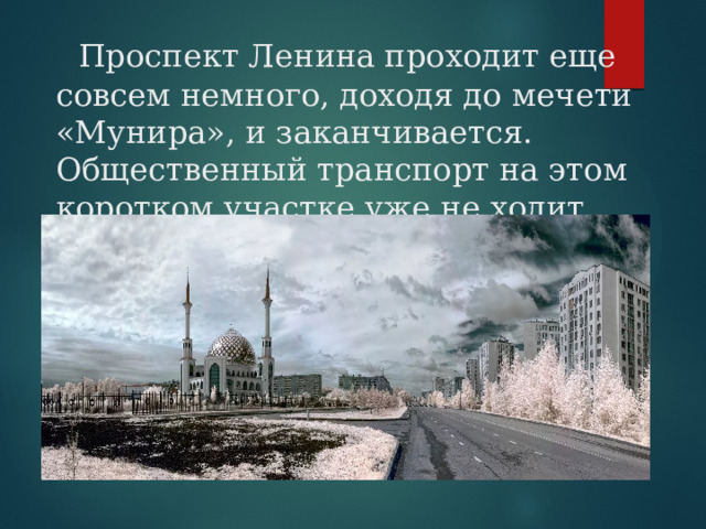  Проспект Ленина проходит еще совсем немного, доходя до мечети «Мунира», и заканчивается. Общественный транспорт на этом коротком участке уже не ходит. 