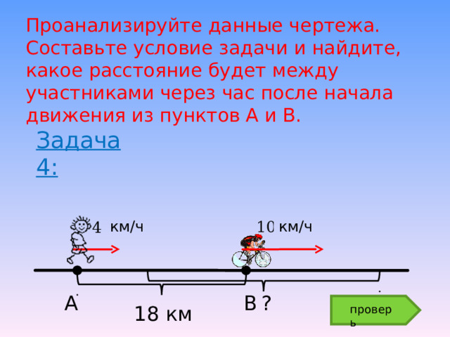 Проанализируйте данные чертежа. Составьте условие задачи и найдите, какое расстояние будет между участниками через час после начала движения из пунктов А и В. Задача 4: км/ч км/ч ? А В  18 км проверь 9 