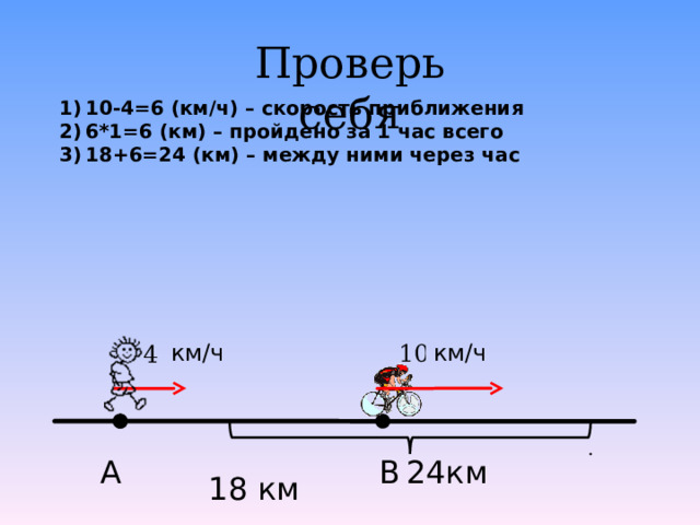 Проверь себя 10-4=6 (км/ч) – скорость приближения 6*1=6 (км) – пройдено за 1 час всего 18+6=24 (км) – между ними через час км/ч км/ч 24км А В  18 км 