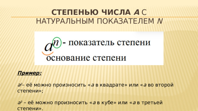 Степенью числа  a  с натуральным показателем  n Пример:  a 2 – её можно произносить « а  в квадрате» или « а  во второй степени»; a 3  – её можно произносить « а  в кубе» или « а  в третьей степени». 