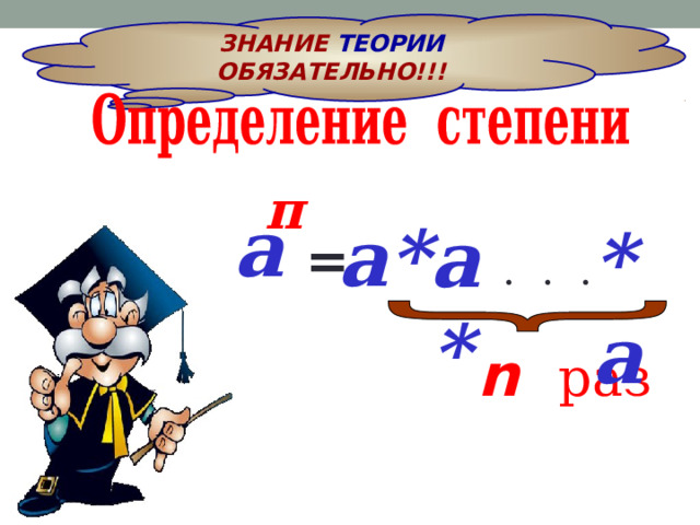 ЗНАНИЕ ТЕОРИИ  ОБЯЗАТЕЛЬНО!!! п а а* а* *а = • • • n раз 