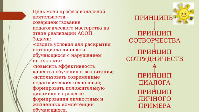 Цель моей профессиональной деятельности - совершенствование педагогического мастерства на этапе реализации АООП. Задачи: -создать условия для раскрытия потенциала личности обучающихся с нарушением интеллекта; -повысить эффективность качества обучения и воспитания; -использовать современные педагогических технологий; -формировать положительную динамику в процессе формирования личностных и жизненных компетенций обучающихся. ПРИНЦИПЫ ПРИНЦИП СОТВОРЧЕСТВА ПРИНЦИП СОТРУДНИЧЕСТВА ПРИНЦИП ДИАЛОГА ПРИНЦИП ЛИЧНОГО ПРИМЕРА 