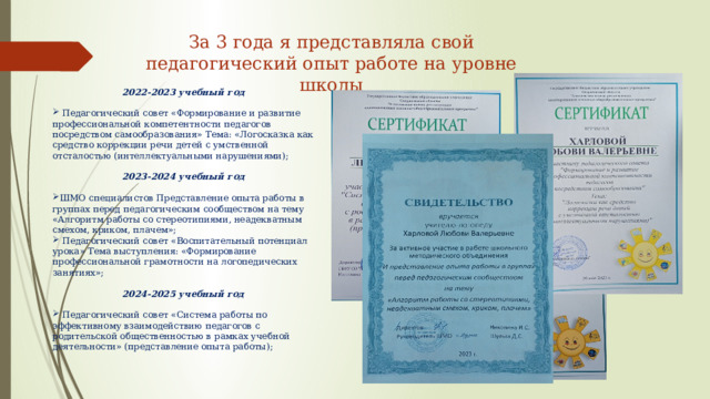 За 3 года я представляла свой педагогический опыт работе на уровне школы 2022-2023 учебный год   Педагогический совет «Формирование и развитие профессиональной компетентности педагогов посредством самообразования» Тема: «Логосказка как средство коррекции речи детей с умственной отсталостью (интеллектуальными нарушениями);  2023-2024 учебный год ШМО специалистов Представление опыта работы в группах перед педагогическим сообществом на тему «Алгоритм работы со стереотипиями, неадекватным смехом, криком, плачем»;  Педагогический совет «Воспитательный потенциал урока» Тема выступления: «Формирование профессиональной грамотности на логопедических занятиях»; 2024-2025 учебный год   Педагогический совет «Система работы по эффективному взаимодействию педагогов с родительской общественностью в рамках учебной деятельности» (представление опыта работы); 