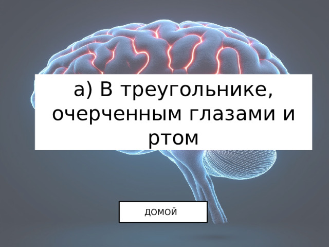 а) В треугольнике, очерченным глазами и ртом ДОМОЙ 