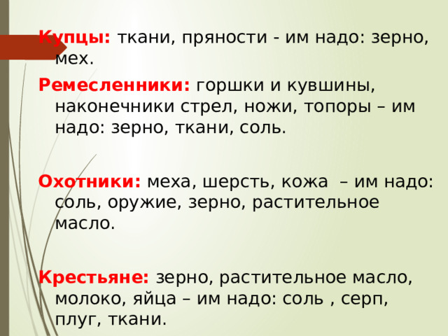 Купцы:  ткани, пряности - им надо: зерно, мех. Ремесленники:  горшки и кувшины, наконечники стрел, ножи, топоры – им надо: зерно, ткани, соль.   Охотники:  меха, шерсть, кожа – им надо: соль, оружие, зерно, растительное масло.   Крестьяне:  зерно, растительное масло, молоко, яйца – им надо: соль , серп, плуг, ткани. 