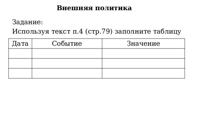 Внешняя политика Задание: Используя текст п.4 (стр.79) заполните таблицу Дата Событие Значение 