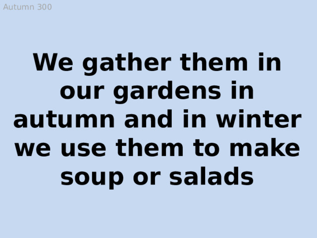 Autumn 300 We gather them in our gardens in autumn and in winter we use them to make soup or salads Vegetables  