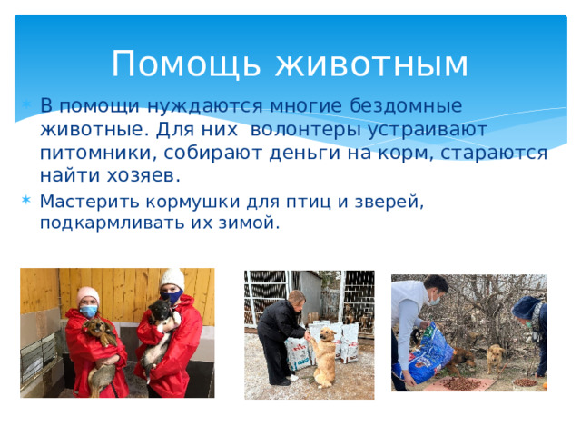 Помощь животным В помощи нуждаются многие бездомные животные. Для них волонтеры устраивают питомники, собирают деньги на корм, стараются найти хозяев. Мастерить кормушки для птиц и зверей, подкармливать их зимой. 