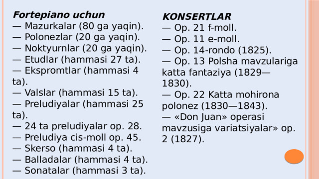 Fortepiano uchun — Mazurkalar (80 ga yaqin). — Polonezlar (20 ga yaqin). — Noktyurnlar (20 ga yaqin). — Etudlar (hammasi 27 ta). — Ekspromtlar (hammasi 4 ta). — Valslar (hammasi 15 ta). — Preludiyalar (hammasi 25 ta). — 24 ta preludiyalar op. 28. — Preludiya cis-moll op. 45. — Skerso (hammasi 4 ta). — Balladalar (hammasi 4 ta). — Sonatalar (hammasi 3 ta). KONSERTLAR — Op. 21 f-moll. — Op. 11 e-moll. — Op. 14-rondo (1825). — Op. 13 Polsha mavzulariga katta fantaziya (1829—1830). — Op. 22 Katta mohirona polonez (1830—1843). — «Don Juan» operasi mavzusiga variatsiyalar» op. 2 (1827). 