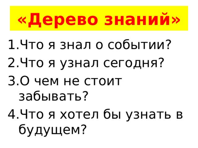 «Дерево знаний» Что я знал о событии? Что я узнал сегодня? О чем не стоит забывать? Что я хотел бы узнать в будущем? 