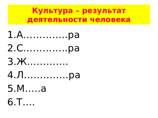Культура – результат деятельности человека А…………..ра С…………..ра Ж…………. Л…………..ра М…..а Т…. 