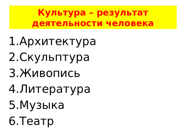 Культура – результат деятельности человека Архитектура Скульптура Живопись Литература Музыка Театр 