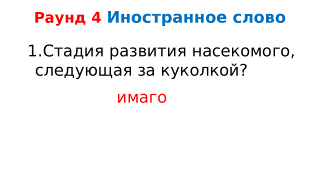 Раунд 4 Иностранное слово   Стадия развития насекомого, следующая за куколкой? имаго 