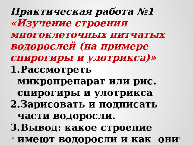 Практическая работа №1 «Изучение строения многоклеточных нитчатых водорослей (на примере спирогиры и улотрикса)» Рассмотреть микропрепарат или рис. спирогиры и улотрикса Зарисовать и подписать части водоросли. Вывод: какое строение имеют водоросли и как они приспособилась к среде обитания .  