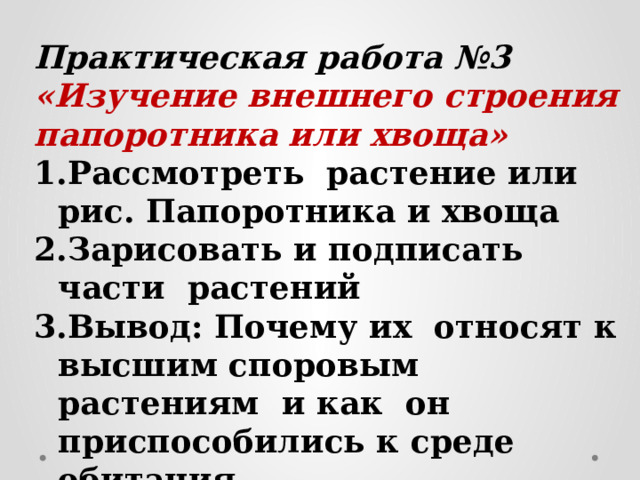 Практическая работа №3 «Изучение внешнего строения папоротника или хвоща» Рассмотреть растение или рис. Папоротника и хвоща Зарисовать и подписать части растений Вывод: Почему их относят к высшим споровым растениям и как он приспособились к среде обитания.  