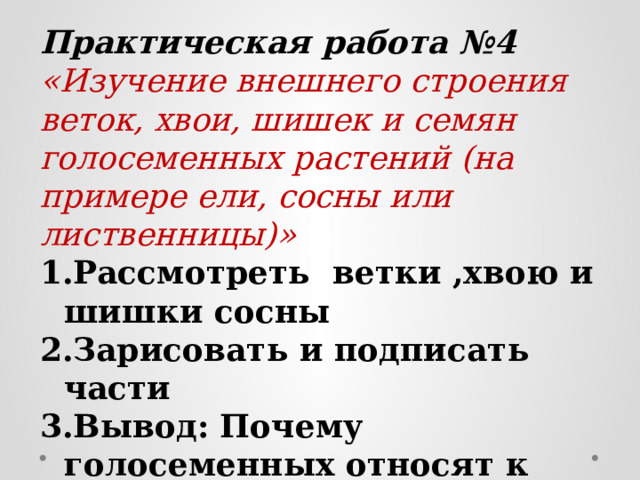 Практическая работа №4  «Изучение внешнего строения веток, хвои, шишек и семян голосеменных растений (на примере ели, сосны или лиственницы)» Рассмотреть ветки ,хвою и шишки сосны Зарисовать и подписать части Вывод: Почему голосеменных относят к высшим споровым растениям и как он приспособился к среде обитания. 
