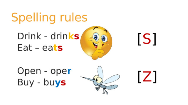 Spelling rules [ S ] Drink - drin k s Eat – ea t s  Open - ope n s Buy - bu y s [ Z ] 