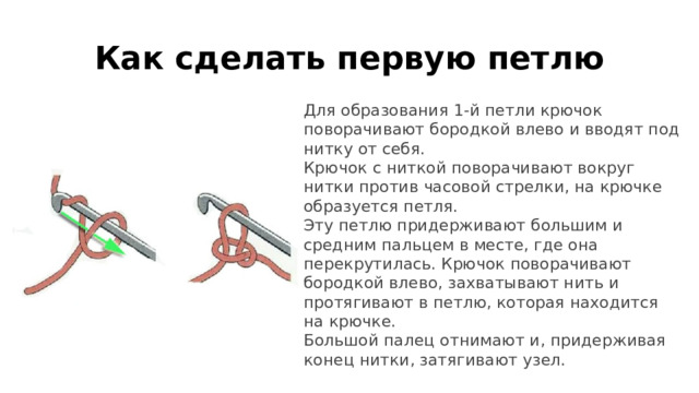 Как сделать первую петлю Для образования 1-й петли крючок поворачивают бородкой влево и вводят под нитку от себя. Крючок с ниткой поворачивают вокруг нитки против часовой стрелки, на крючке образуется петля. Эту петлю придерживают большим и средним пальцем в месте, где она перекрутилась. Крючок поворачивают бородкой влево, захватывают нить и протягивают в петлю, которая находится на крючке. Большой палец отнимают и, придерживая конец нитки, затягивают узел.  