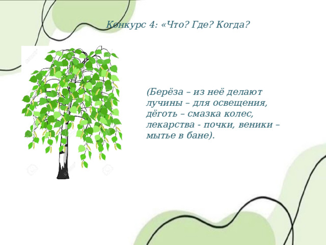 Конкурс 4: «Что? Где? Когда? (Берёза – из неё делают лучины – для освещения, дёготь – смазка колес, лекарства - почки, веники – мытье в бане). 