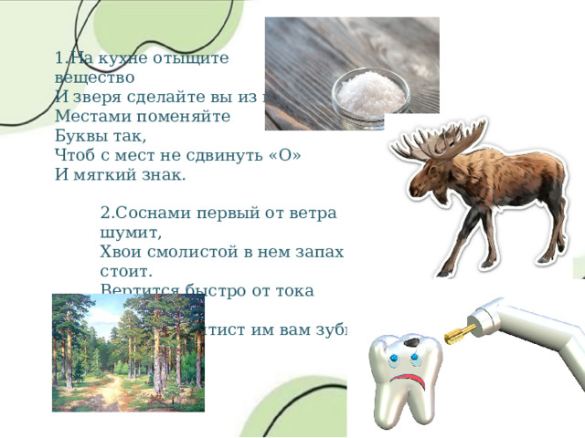 1.На кухне отыщите вещество И зверя сделайте вы из него. Местами поменяйте Буквы так, Чтоб с мест не сдвинуть «О» И мягкий знак. 2.Соснами первый от ветра шумит, Хвои смолистой в нем запах стоит. Вертится быстро от тока второй, Сверлит дантист им вам зубик больной. 
