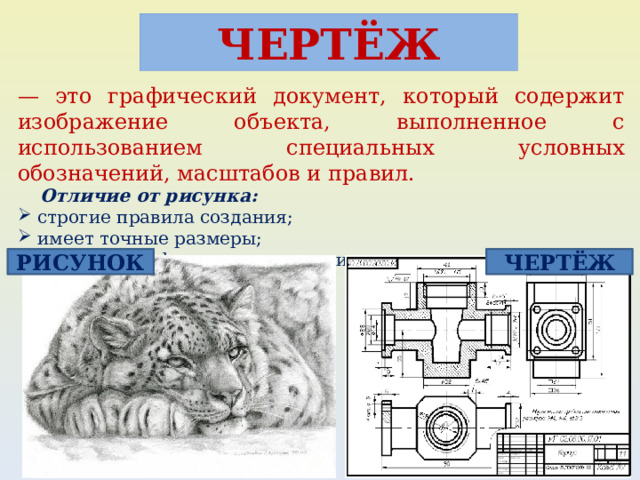 ЧЕРТЁЖ — это графический документ, который содержит изображение объекта, выполненное с использованием специальных условных обозначений, масштабов и правил.  Отличие от рисунка: строгие правила создания; имеет точные размеры; содержит информацию о материале, конструкции и принципе работы РИСУНОК ЧЕРТЁЖ 