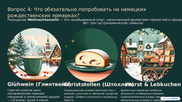  Вопрос 4: Что обязательно попробовать на немецких рождественских ярмарках? Посещение Weihnachtsmarkt — это незабываемый опыт, наполненный ароматами пряностей и праздничным настроением. Вот три гастрономических символа: Glühwein (Глинтвейн ) Christstollen (Штоллен) Wurst & Lebkuchen Горячее красное вино, приправленное корицей, гвоздикой и апельсиновой цедрой — согревает даже в самый холодный вечер. Традиционный рождественский кекс с изюмом, цукатами и обильной сахарной пудрой. Символ спеленатого младенца Христа . Ароматные жареные колбаски (Bratwurst) и имбирные пряники (Lebkuchenherzen) в виде сердец — обязательные атрибуты ярмарки . 