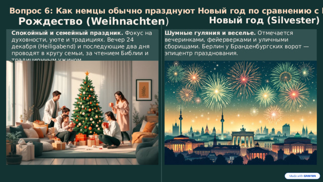  Вопрос 6: Как немцы обычно празднуют Новый год по сравнению с Рождеством? Новый год (Silvester) Рождество (Weihnachten ) Спокойный и семейный праздник. Фокус на духовности, уюте и традициях. Вечер 24 декабря (Heiligabend) и последующие два дня проводят в кругу семьи, за чтением Библии и традиционным ужином . Шумные гуляния и веселье. Отмечается вечеринками, фейерверками и уличными сборищами. Берлин у Бранденбургских ворот — эпицентр празднования. 