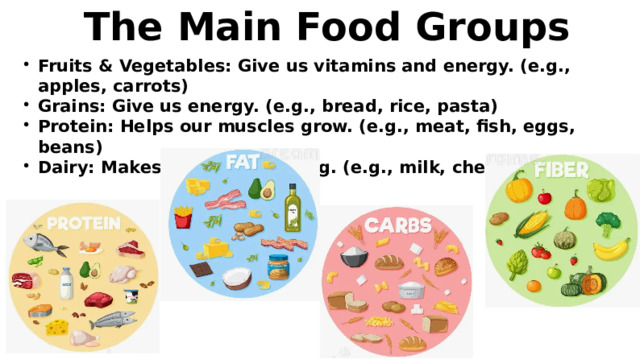 The Main Food Groups Fruits & Vegetables: Give us vitamins and energy. (e.g., apples, carrots) Grains: Give us energy. (e.g., bread, rice, pasta) Protein: Helps our muscles grow. (e.g., meat, fish, eggs, beans) Dairy: Makes our bones strong. (e.g., milk, cheese, yogurt) 