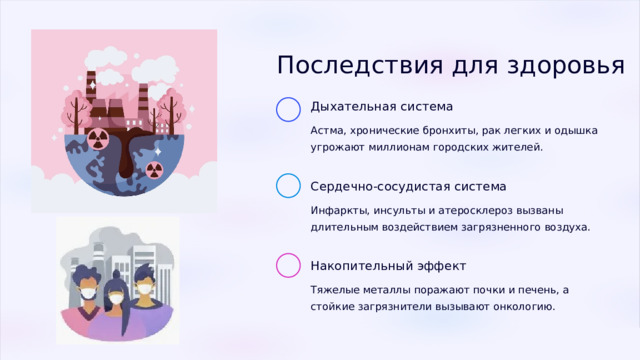  Последствия для здоровья Дыхательная система Астма, хронические бронхиты, рак легких и одышка угрожают миллионам городских жителей. Сердечно-сосудистая система Инфаркты, инсульты и атеросклероз вызваны длительным воздействием загрязненного воздуха. Накопительный эффект Тяжелые металлы поражают почки и печень, а стойкие загрязнители вызывают онкологию. 