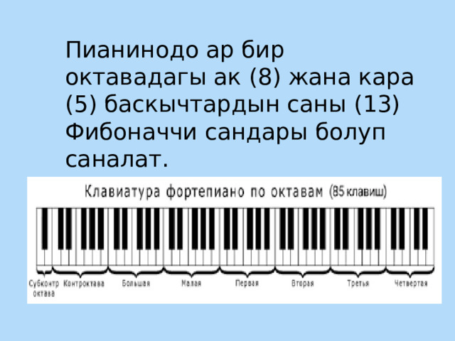 Пианинодо ар бир октавадагы ак (8) жана кара (5) баскычтардын саны (13) Фибоначчи сандары болуп саналат. 