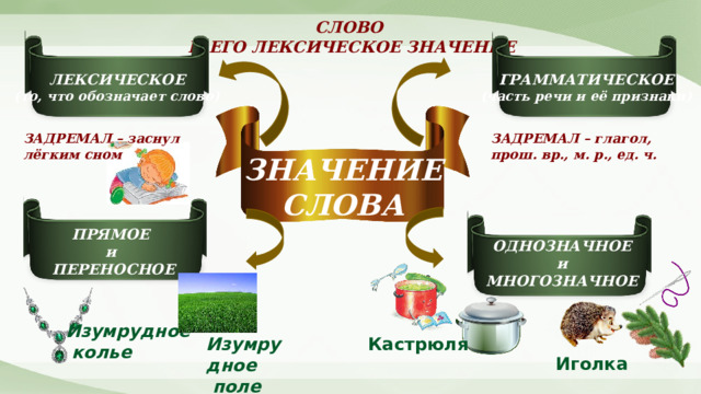 СЛОВО И ЕГО ЛЕКСИЧЕСКОЕ ЗНАЧЕНИЕ ГРАММАТИЧЕСКОЕ (часть речи и её признаки) ЛЕКСИЧЕСКОЕ (то, что обозначает слово) ЗАДРЕМАЛ – заснул ЗАДРЕМАЛ – глагол, прош. вр., м. р., ед. ч. лёгким сном ЗНАЧЕНИЕ  СЛОВА ПРЯМОЕ и ПЕРЕНОСНОЕ ОДНОЗНАЧНОЕ  и МНОГОЗНАЧНОЕ Изумрудное  колье Кастрюля Изумрудное  поле Иголка 
