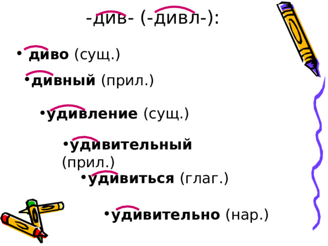 -див- (-дивл-):  диво (сущ.) дивный (прил.) удивление (сущ.) удивительный (прил.) удивиться (глаг.) удивительно (нар.) 