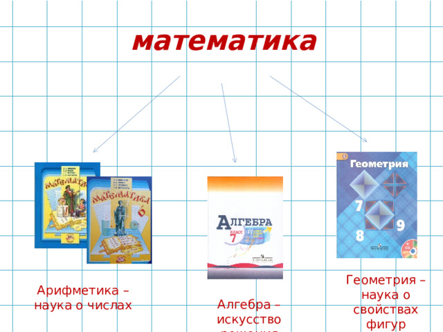 математика Геометрия – наука о свойствах фигур Арифметика – наука о числах Алгебра – искусство решения уравнений 