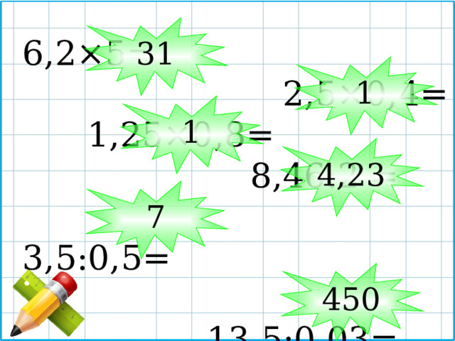 31 6,2×5=  2,5×0,4= 1,25×0,8=  8,46:2 = 3,5:0,5=  13,5:0,03= 1 1 4,23 7 450 