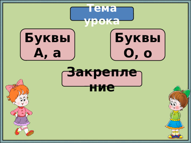 Тема урока Буквы А, а Буквы О, о Закрепление 