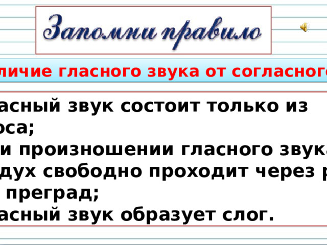 Отличие гласного звука от согласного: гласный звук состоит только из голоса; при произношении гласного звука  воздух свободно проходит через рот ,  без преград; гласный звук образует слог. 