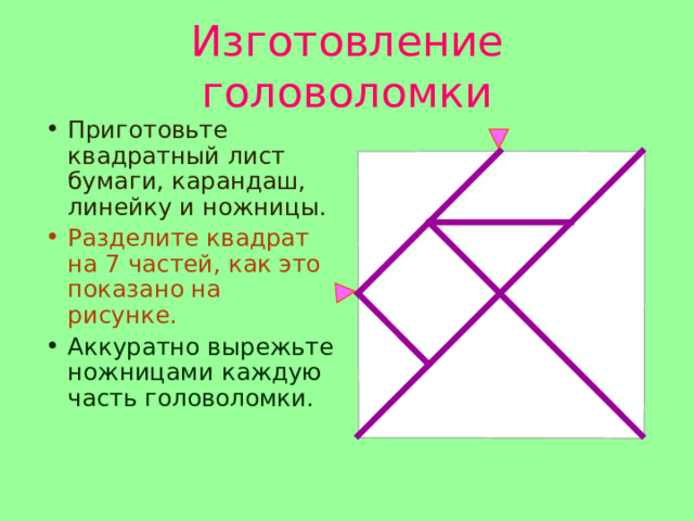 Изготовление головоломки Приготовьте квадратный лист бумаги, карандаш, линейку и ножницы. Разделите квадрат на 7 частей, как это показано на рисунке. Аккуратно вырежьте ножницами каждую часть головоломки.  