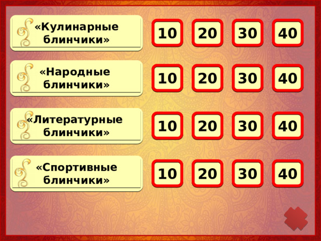 «Кулинарные блинчики» 20 40 10 30 «Народные блинчики» 20 30 10 40 «Литературные блинчики» 40 30 20 10 «Спортивные блинчики» 10 20 30 40 
