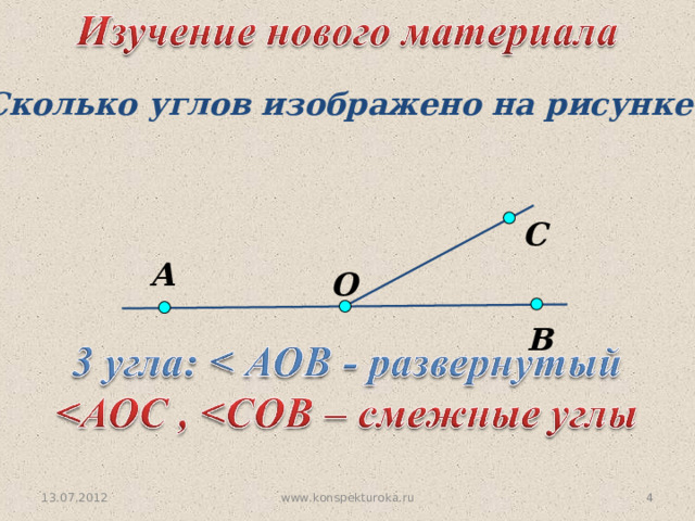 Сколько углов изображено на рисунке? С А O В 13.07.2012 www.konspekturoka.ru 3 