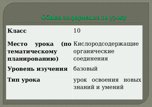 электронов на Класс 10 Место урока (по тематическому планированию) Кислородсодержащие органические соединения Уровень изучения базовый Тип урока урок освоения новых знаний и умений   
