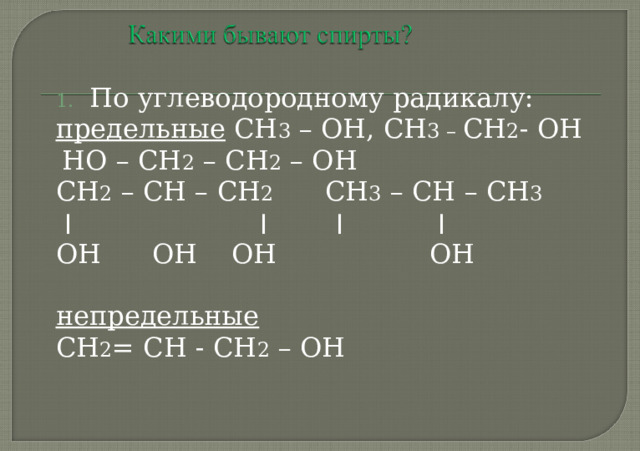 СН 3 - ОН НО – СН 2 – СН 2 – ОН СН 2 = СН - СН 2 – ОН СН 3 - СН 2 – ОН СН 2 – СН – СН 2 СН 3 – СН – СН 3  ׀ ׀  ׀  ׀ ОН ОН ОН ОН 