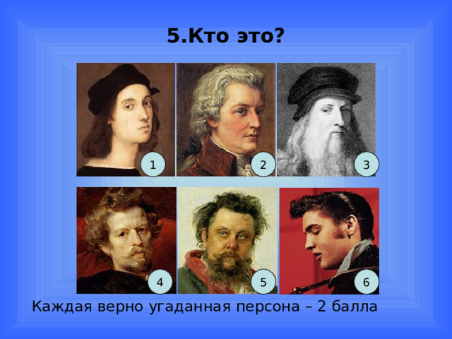 5.Кто это? 1 2 3 4 5 6 Каждая верно угаданная персона – 2 балла 