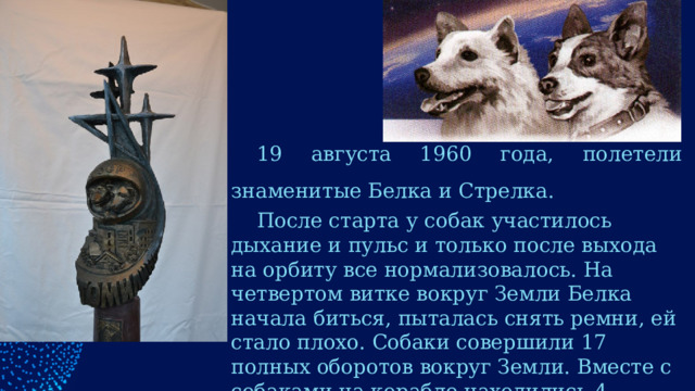 19 августа 1960 года, полетели знаменитые Белка и Стрелка. После старта у собак участилось дыхание и пульс и только после выхода на орбиту все нормализовалось. На четвертом витке вокруг Земли Белка начала биться, пыталась снять ремни, ей стало плохо. Собаки совершили 17 полных оборотов вокруг Земли. Вместе с собаками на корабле находились 4 крысы и 40 мышей. 
