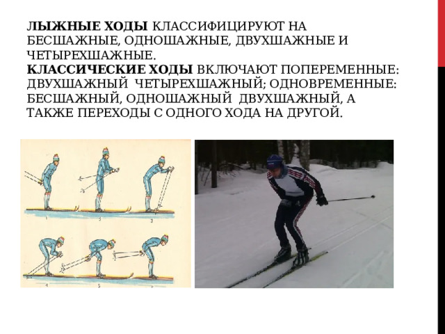 Лыжные ходы классифицируют на бесшажные, одношажные, двухшажные и четырехшажные.  Классические ходы включают попеременные: двухшажный четырехшажный; одновременные: бесшажный, одношажный двухшажный, а также переходы с одного хода на другой. 