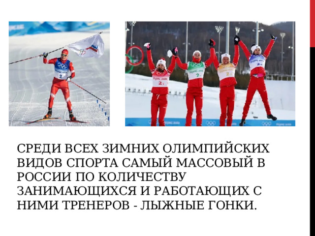 Среди всех зимних олимпийских видов спорта самый массовый в России по количеству занимающихся и работающих с ними тренеров - лыжные гонки.   
