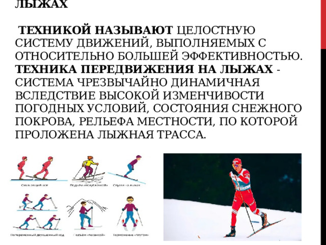             Основы техники передвижения на лыжах    Техникой называют целостную систему движений, выполняемых с относительно большей эффективностью. Техника передвижения на лыжах - система чрезвычайно динамичная вследствие высокой изменчивости погодных условий, состояния снежного покрова, рельефа местности, по которой проложена лыжная трасса. 